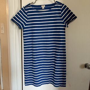 J. Crew Women Dress S Blue White Striped Shift Short Sleeve Zip Details Shoulder